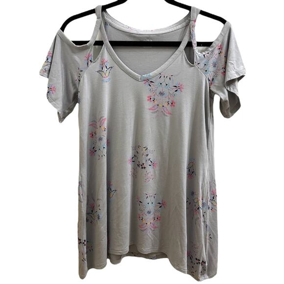 a.n.a. A New Approach Cold Shoulder Grey Floral Flowy Stretch Top EUC S/M - Picture 1 of 6